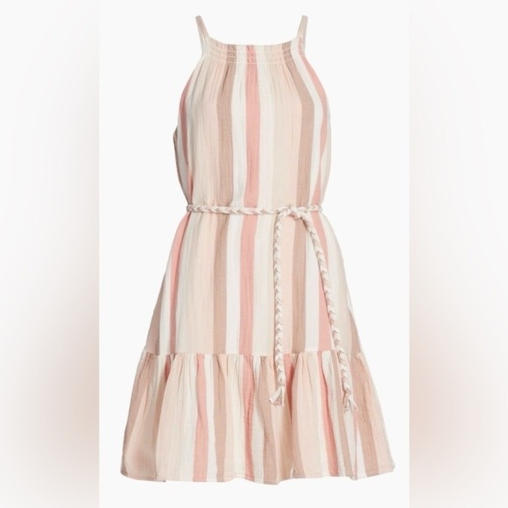 RAILS Dress Becca Stripe Cotton Gauze Braided Belt Ruffle Pink Size Medium